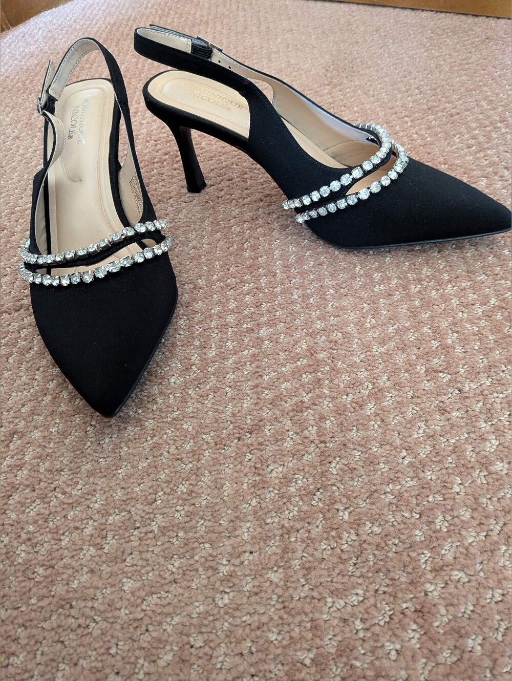 Dominique Nicole Black Rhinestone Slingback Pointed-Toe Heels